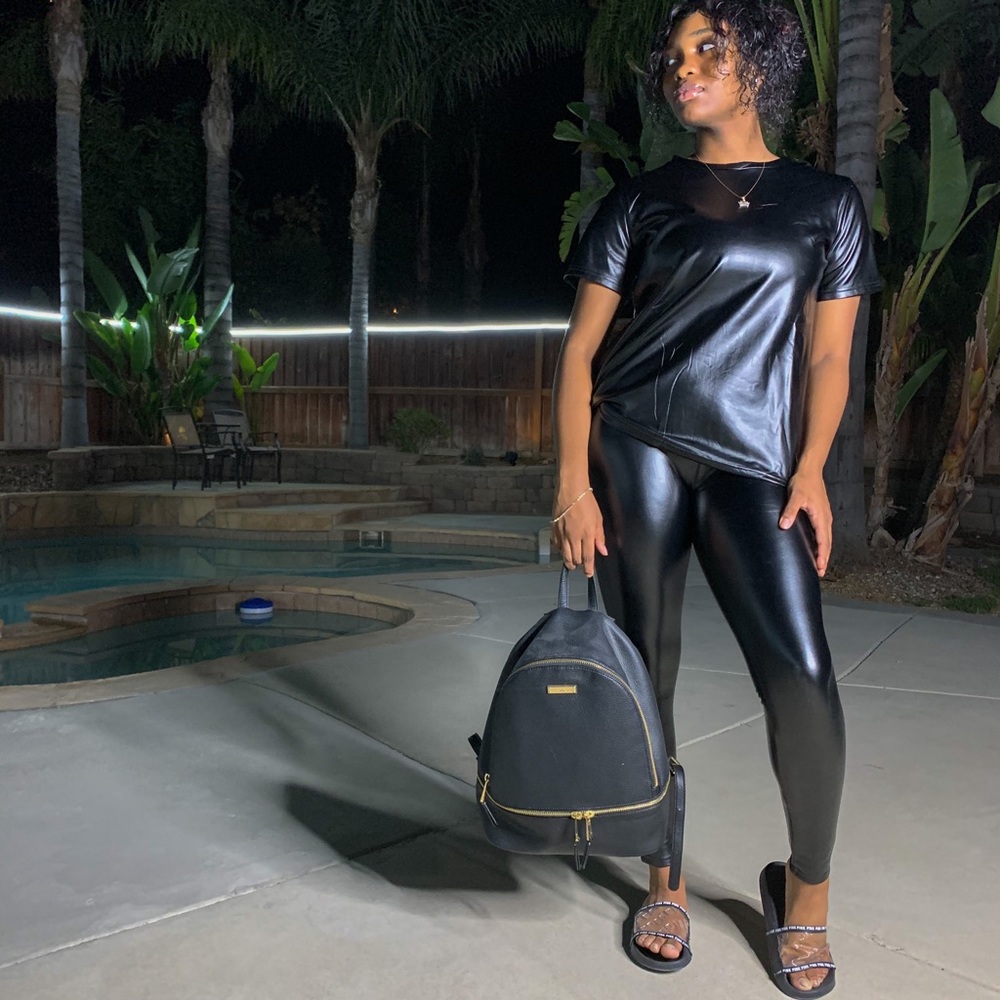 LEATHER ROUND NECK TOP & HIGH RISE LEGGINGS SET